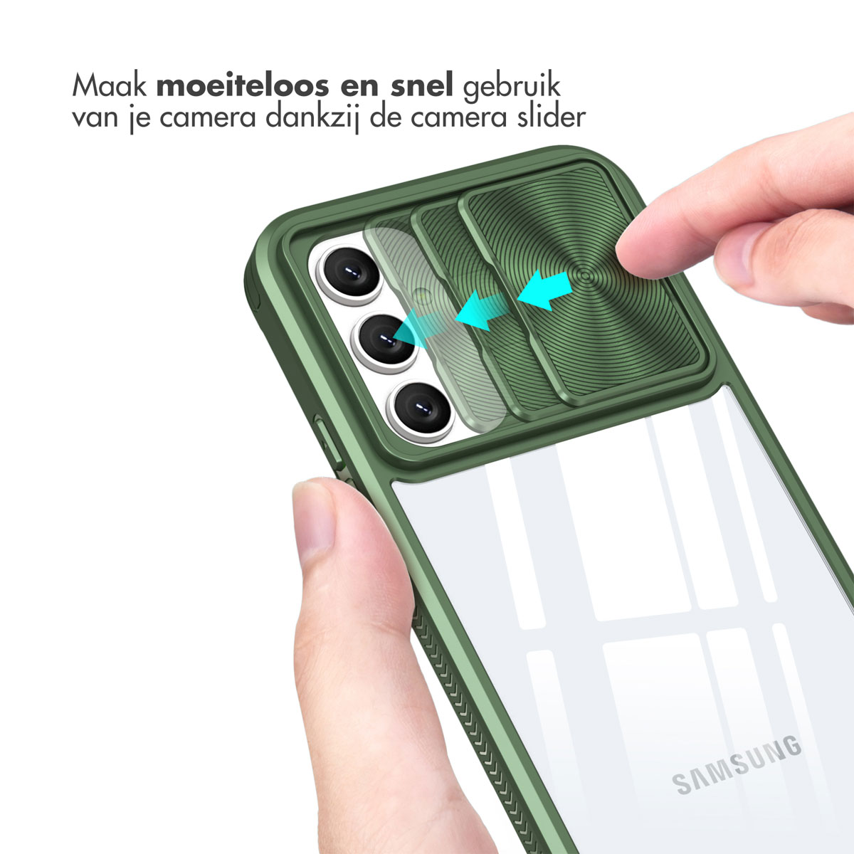 Main tenant un téléphone avec une coque verte, montrant la fonction coulissante de l'appareil photo.