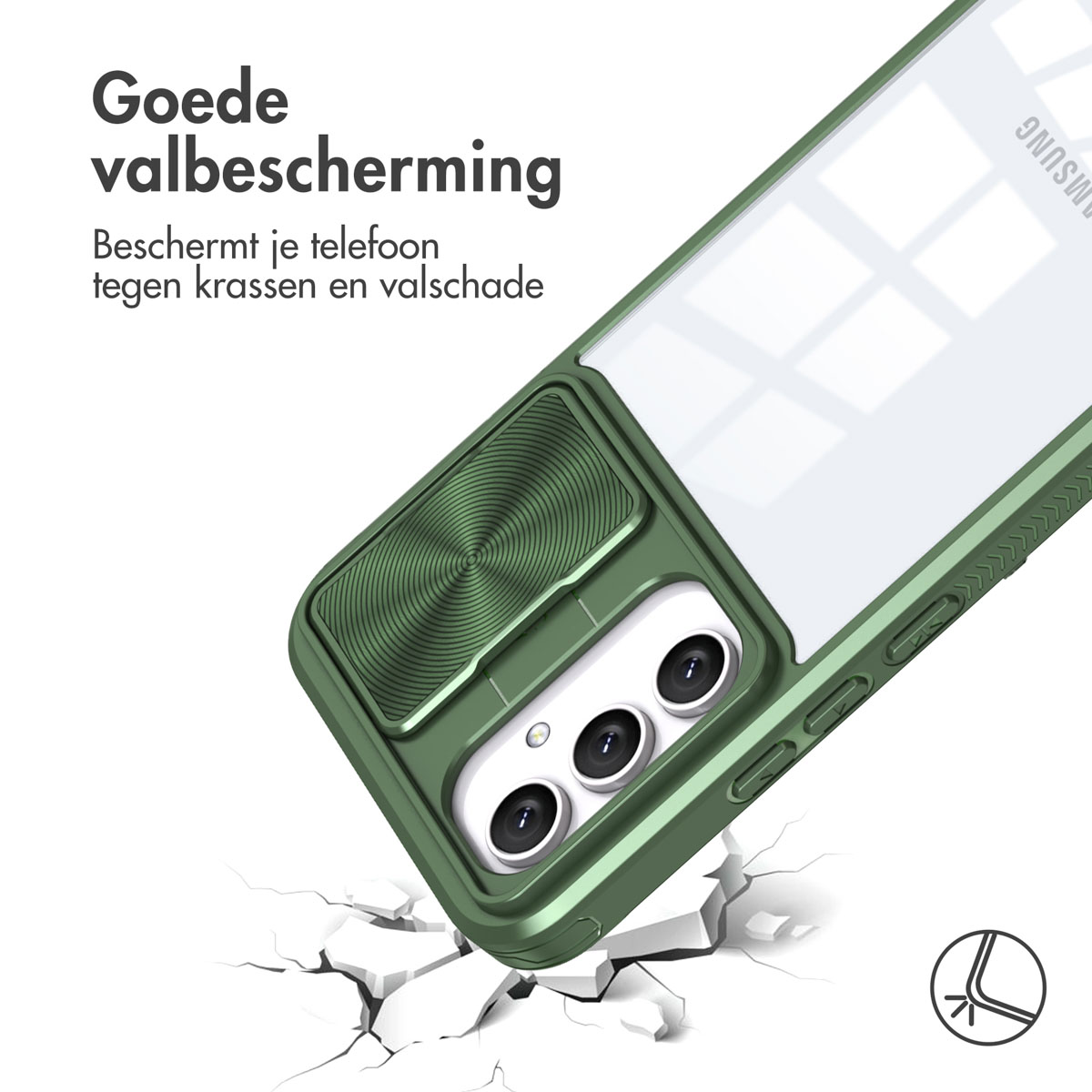 Une coque verte avec téléphone, tombant et cassant une surface. Texte: bonne protection contre les chutes.