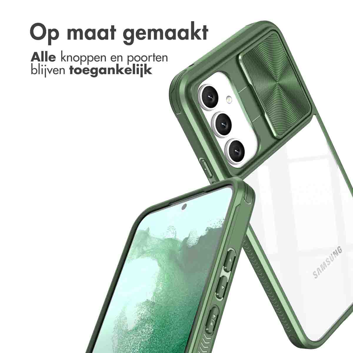 Coque de téléphone verte avec un téléphone dedans. Il a un couvercle pour la caméra.