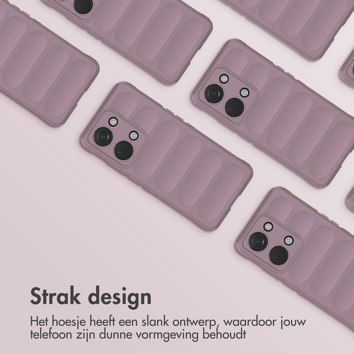 L'immagine mostra diverse custodie per telefoni color malva disposte diagonalmente. Ogni custodia ha una sezione fotocamera e un design a strisce.