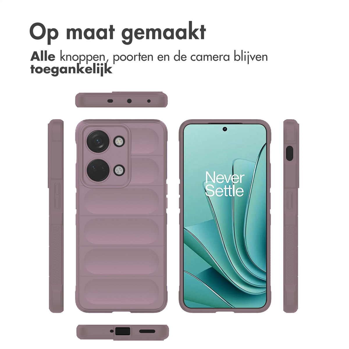 Una custodia per telefono lilla, con un telefono che mostra il logo 'Never Settle'. Le parti della custodia sono mostrate attorno al telefono.
