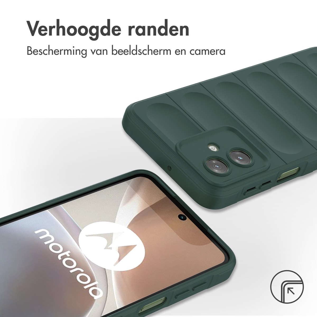 Twee groene telefoonhoesjes, één bovenop en een andere met een telefoon erin, tonen een telefoonscherm.