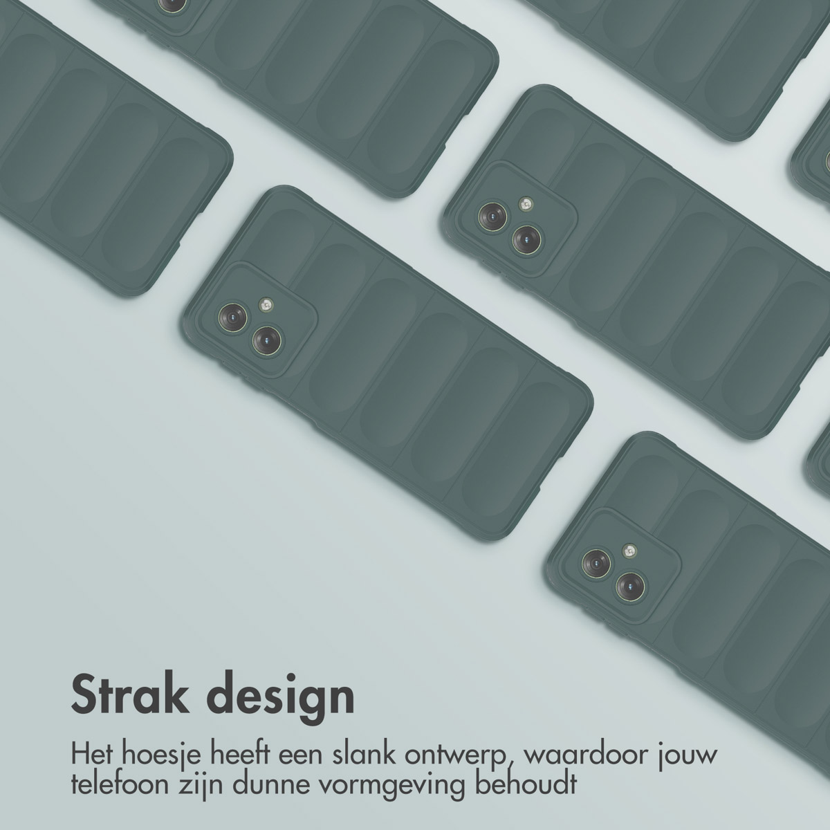 Grijze telefoonhoesjes in een patroon. De achtergrond is lichtgrijs. Hoesjes hebben een strak design.