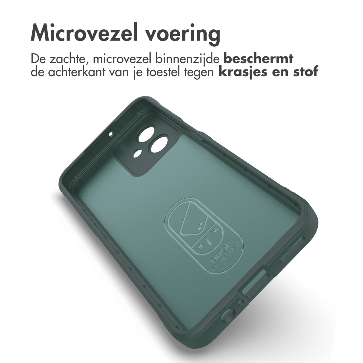 Een telefoonhoesje interieur in groen. De tekst bovenaan zegt 'Microvezelvoering'.