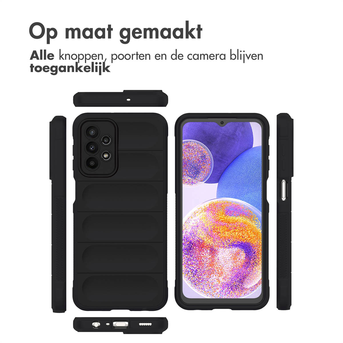 A black phone case with a ridged design on a white background. Also, a phone with a screen.