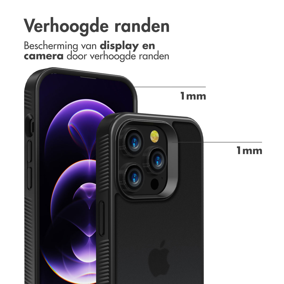 Custodia nera. Schermo e fotocamera con spazi di 1 mm. Il telefono è nero.