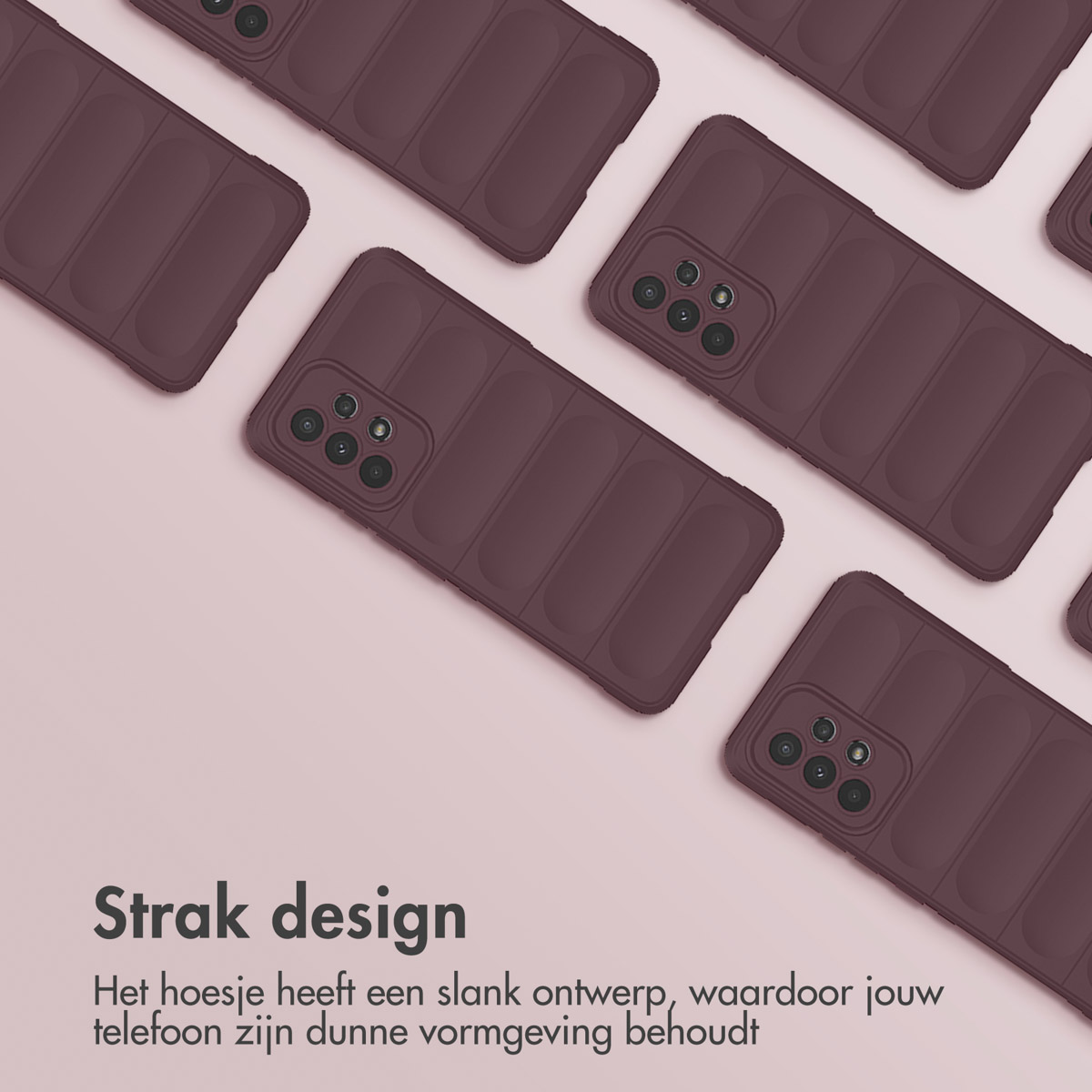 Plusieurs coques bordeaux avec un design élégant et du texte en néerlandais.