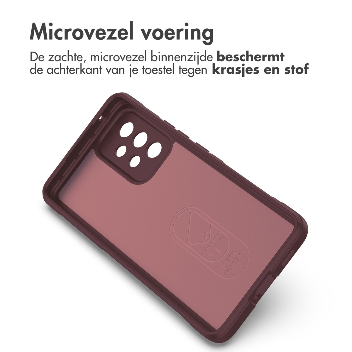 Intérieur d'une coque de téléphone, couleur prune, avec doublure en microfibre. La coque a un logo de protection contre les chutes.
