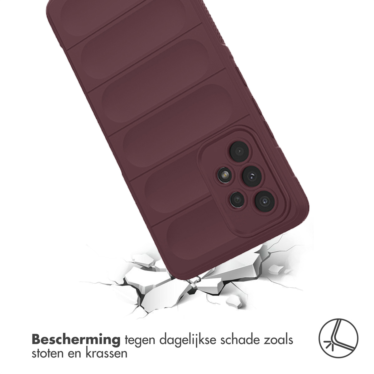 Coque bordeaux avec un téléphone à l'intérieur. Le téléphone tombe, le sol se fissure.