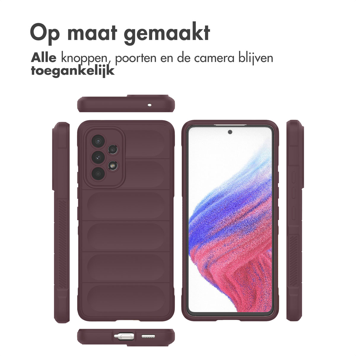 Coque de téléphone bordeaux avec écran, caméra et boutons visibles. Plusieurs angles sont montrés.