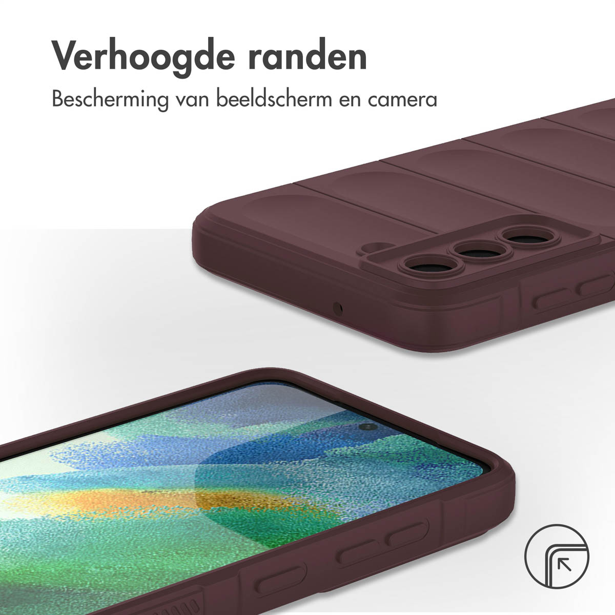 Een bordeauxrode telefoonhoes op een witte achtergrond. De telefoonhoes wordt vanuit twee hoeken getoond.
