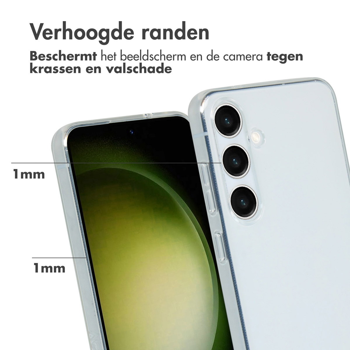 Coque de téléphone transparente sur un téléphone. Montre les bordures du téléphone et de la coque.