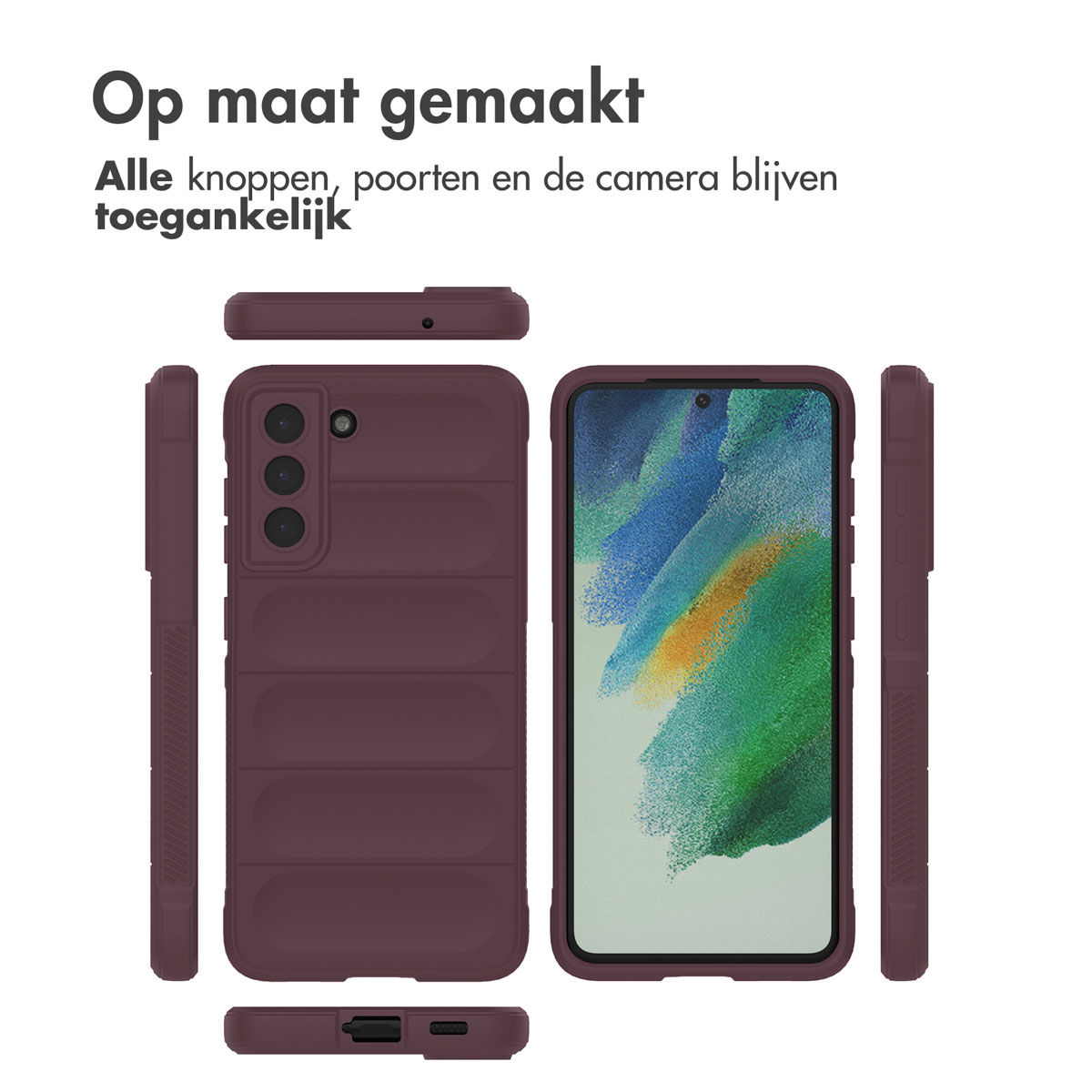 Bordeaux telefoonhoes met scherm, camera en knoppen zichtbaar. Meerdere hoeken worden getoond.