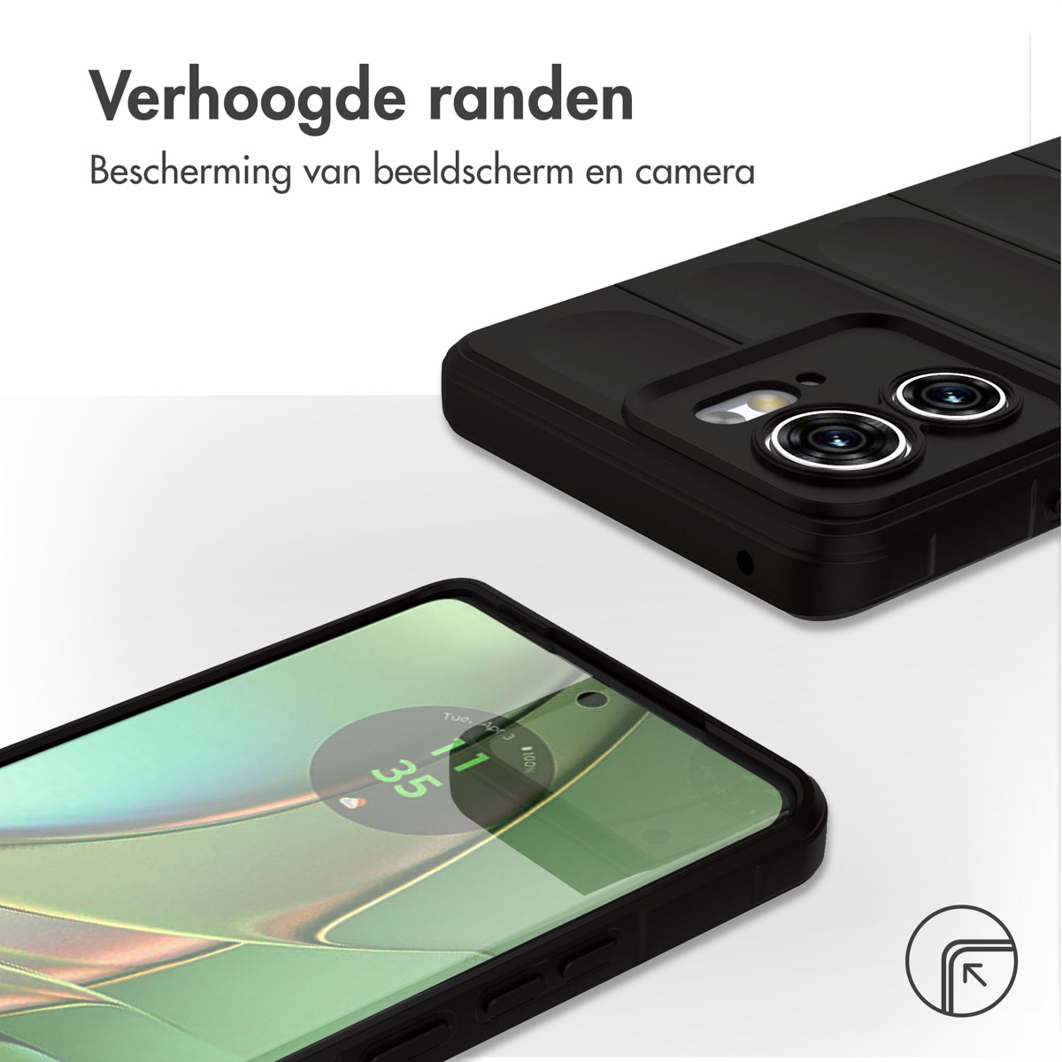 Deux coques noires, une au-dessus et une autre avec un téléphone à l'intérieur, affichent un écran de téléphone.