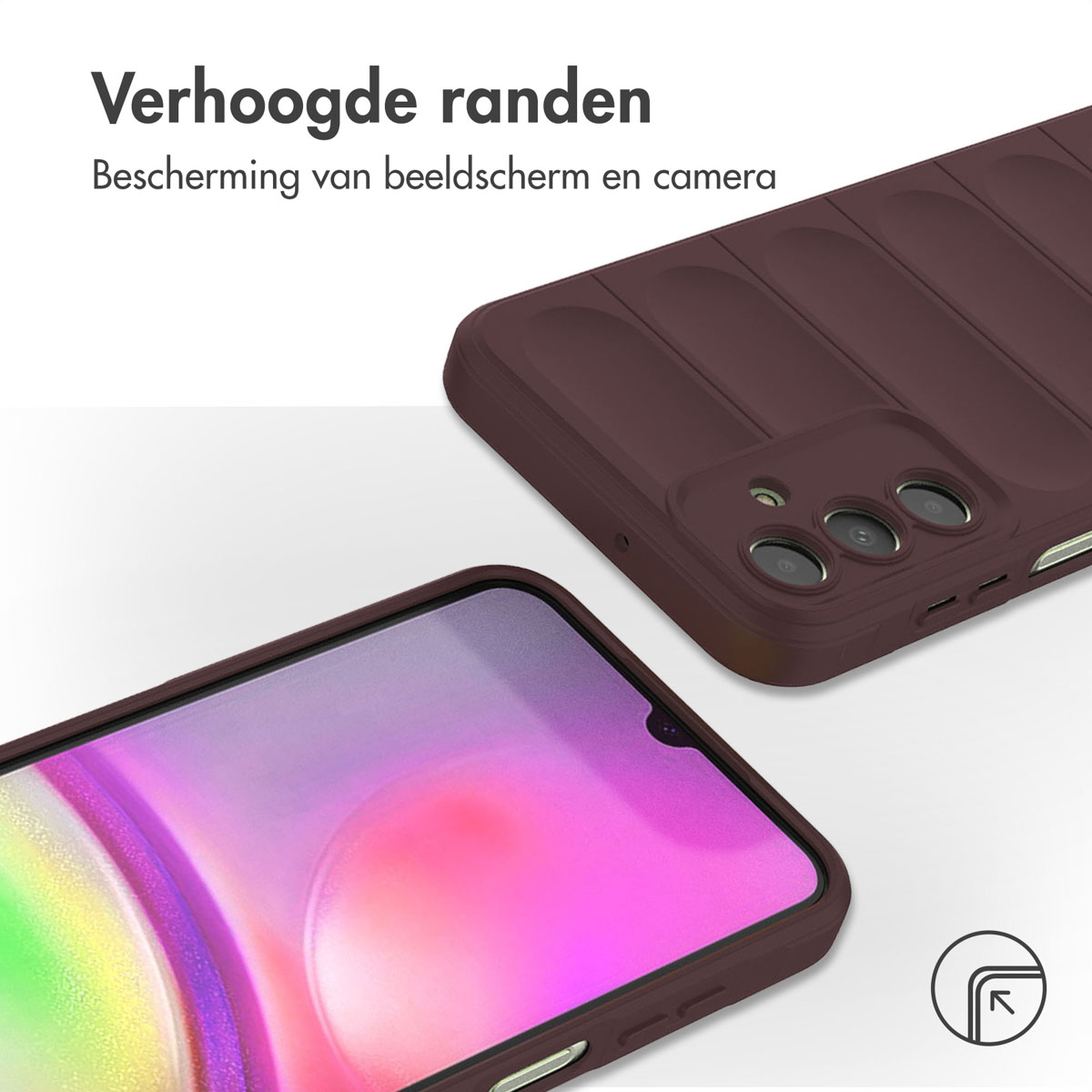 Un téléphone avec une coque bordeaux. Texte: bords surélevés. Le téléphone est posé sur une surface.