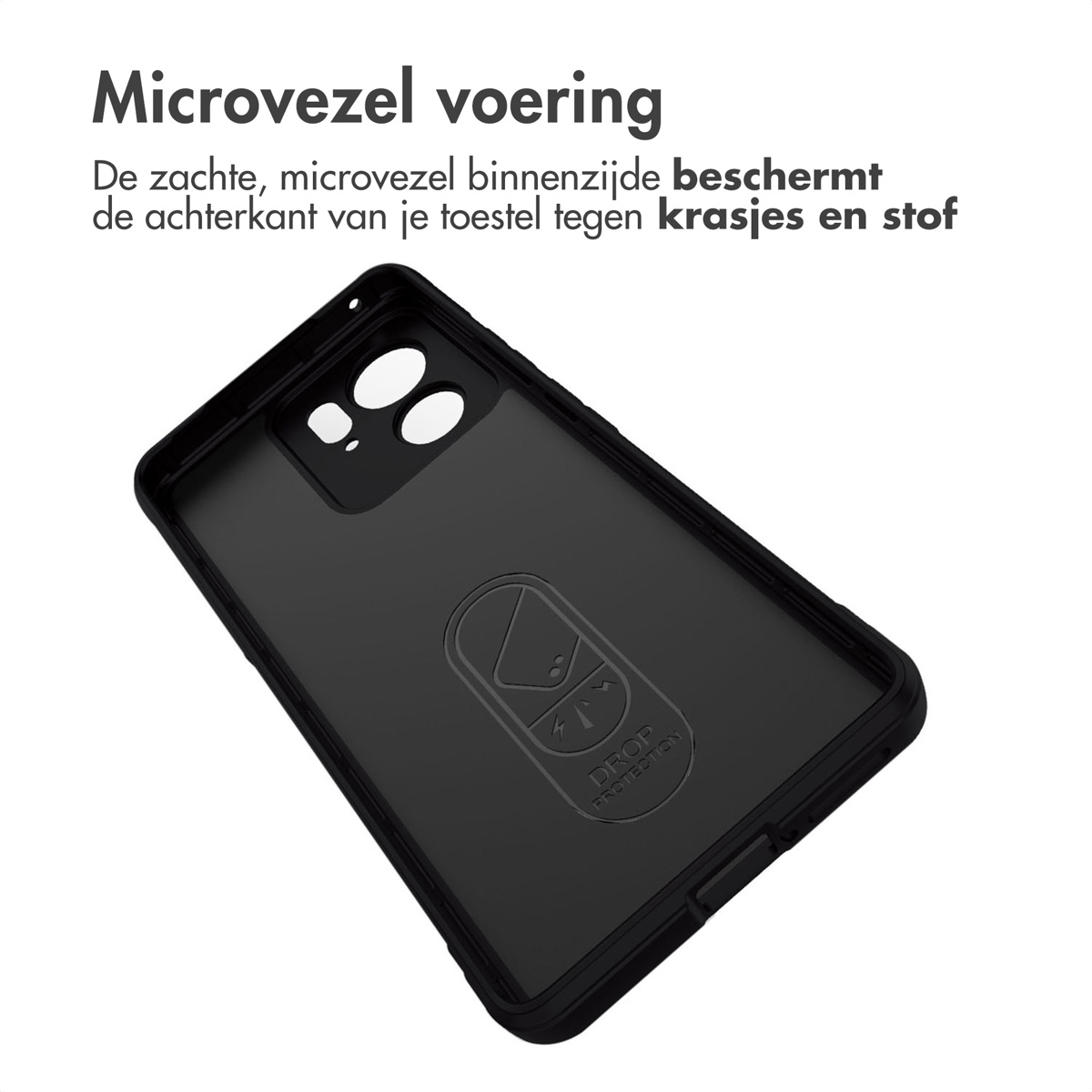 Intérieur d'une coque de téléphone noire, avec des trous pour la caméra et un logo de la marque.