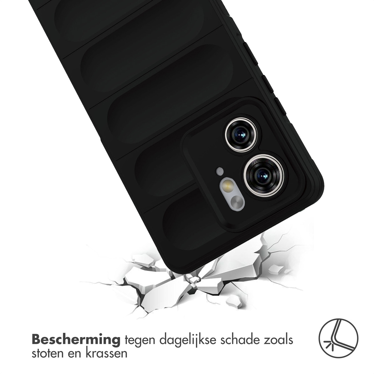 Coque de téléphone noire avec des arêtes surélevées, en angle, avec des fissures en dessous, et texte.