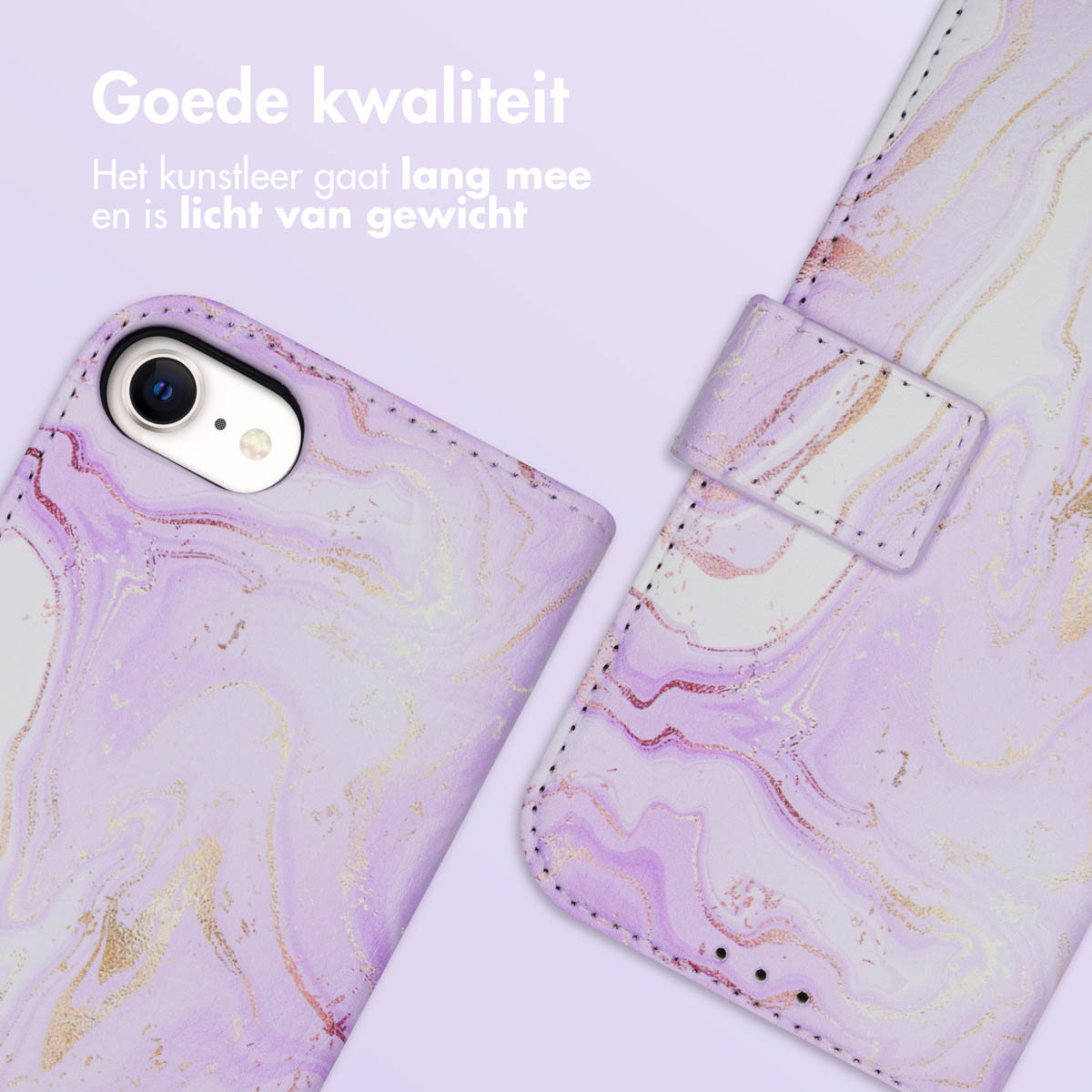 Een paarse marmeren telefoonhoes, met gouden accenten en een open flap.