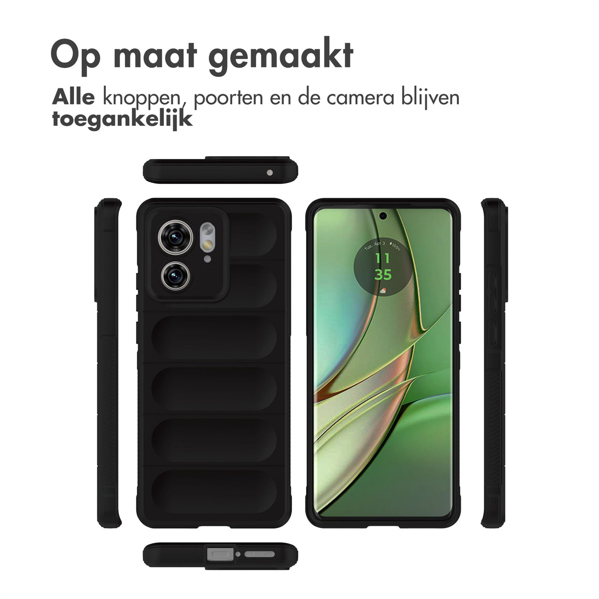 Coque de téléphone noire. Plusieurs vues de la coque, montrant les boutons, les ports et la caméra.