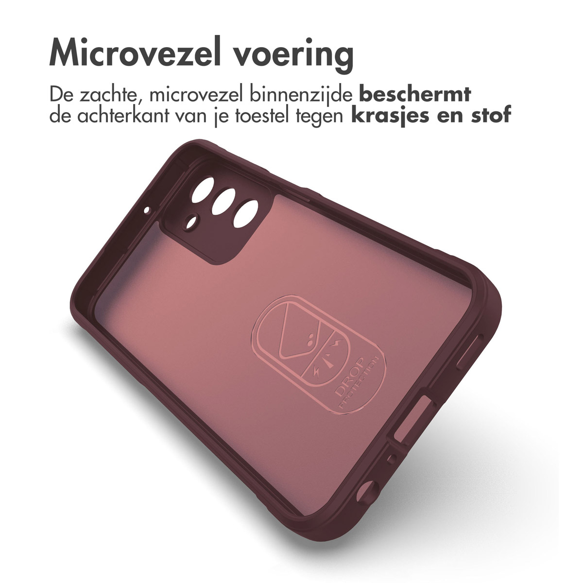 Une coque de téléphone bordeaux sur fond blanc. L'étui a un dos transparent.