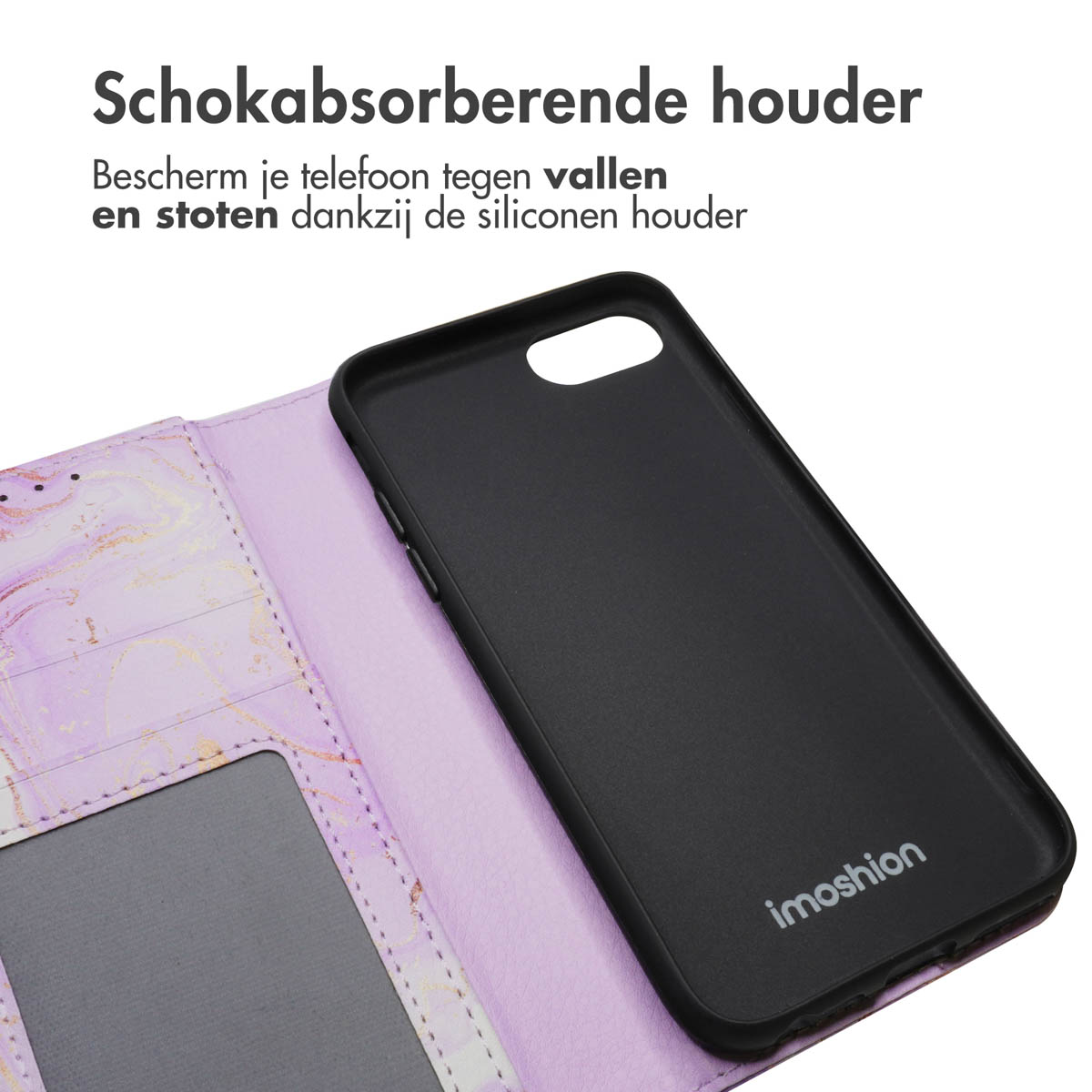 Zwarte telefoonhoes met een lila interieur. De telefoonhoes is open en ligt.