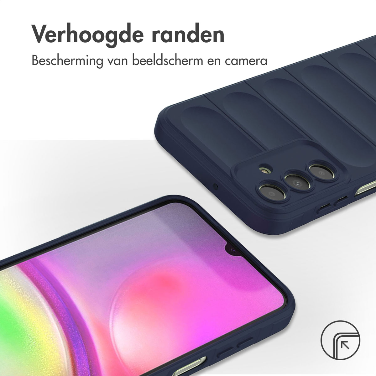 Donkerblauw telefoonhoesje met een telefoon erin. Verschillende hoeken worden getoond.