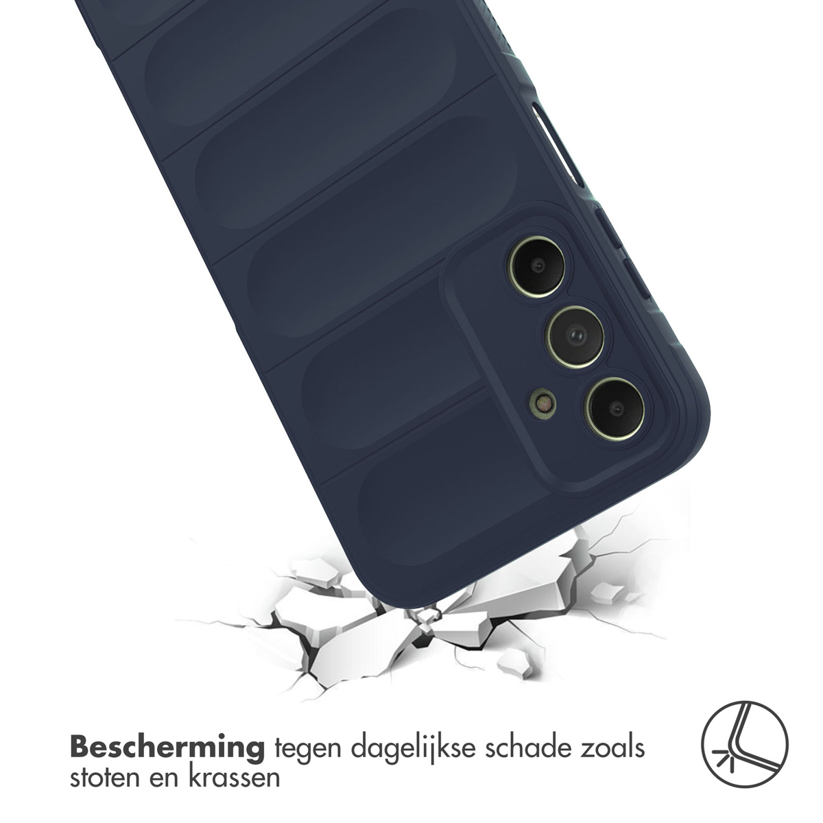 Blauwe telefoonhoes valt op de grond. Beschermt tegen dagelijkse schade zoals stoten en krassen.