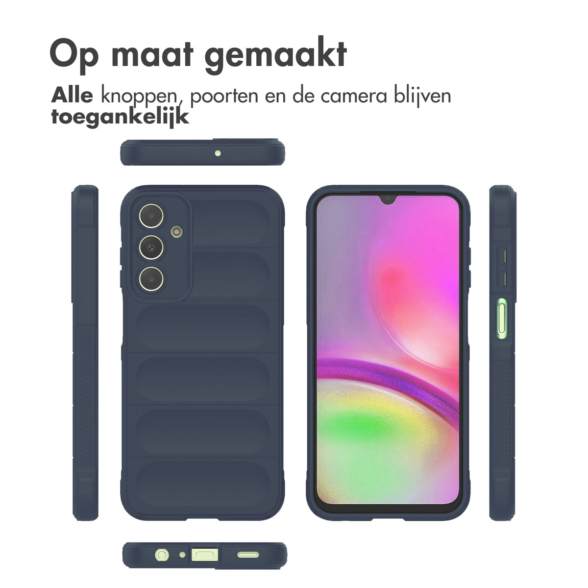 Meerdere weergaven van een donkerblauwe telefoonhoes en een telefoon erin. Tekst zegt 'Op maat gemaakt'.