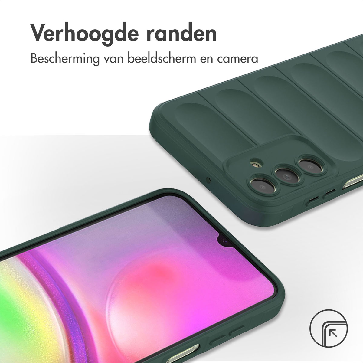 Coque de téléphone, verte. Montre l'arrière du téléphone, l'appareil photo et l'écran.