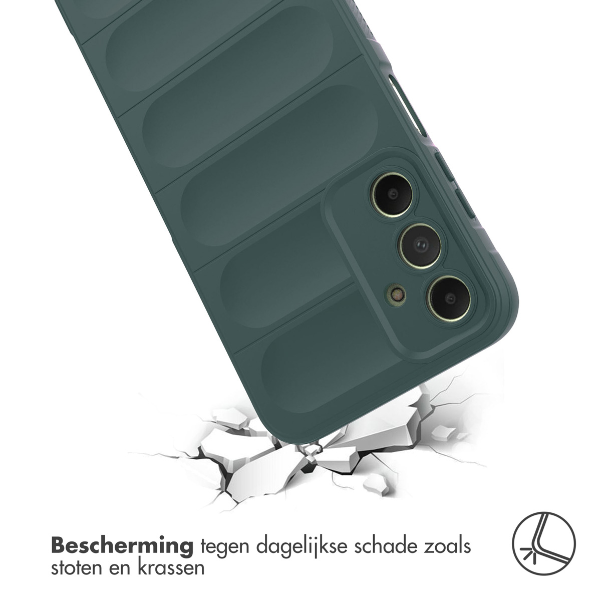 Coque de téléphone vert foncé tombant sur une surface, la brisant. Montre la protection contre les chutes.