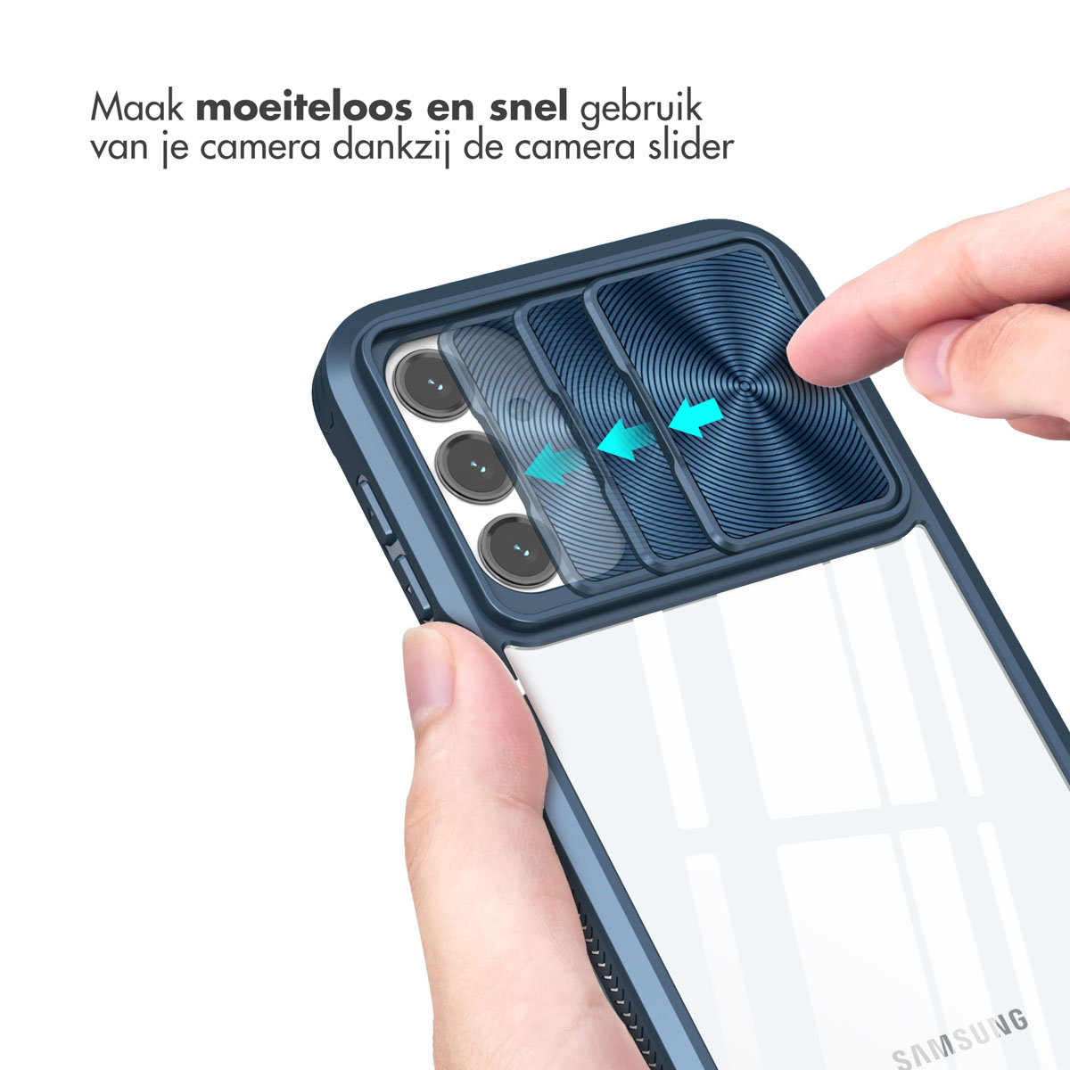 Hand, die einen Kameraschieber auf einer blauen Handyhülle verwendet. Transparenter Rücken. Weißer Hintergrund.