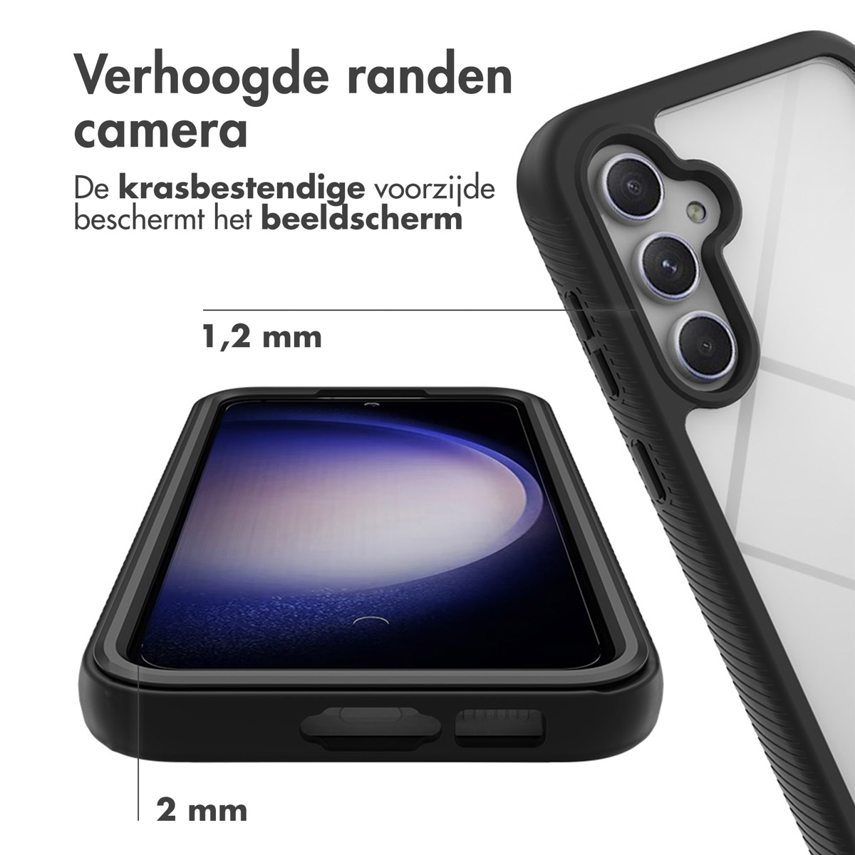 Close-up van telefoonhoesje en telefoon. Zwarte randen, een scherm en details van de zijkant van de telefoon worden getoond.