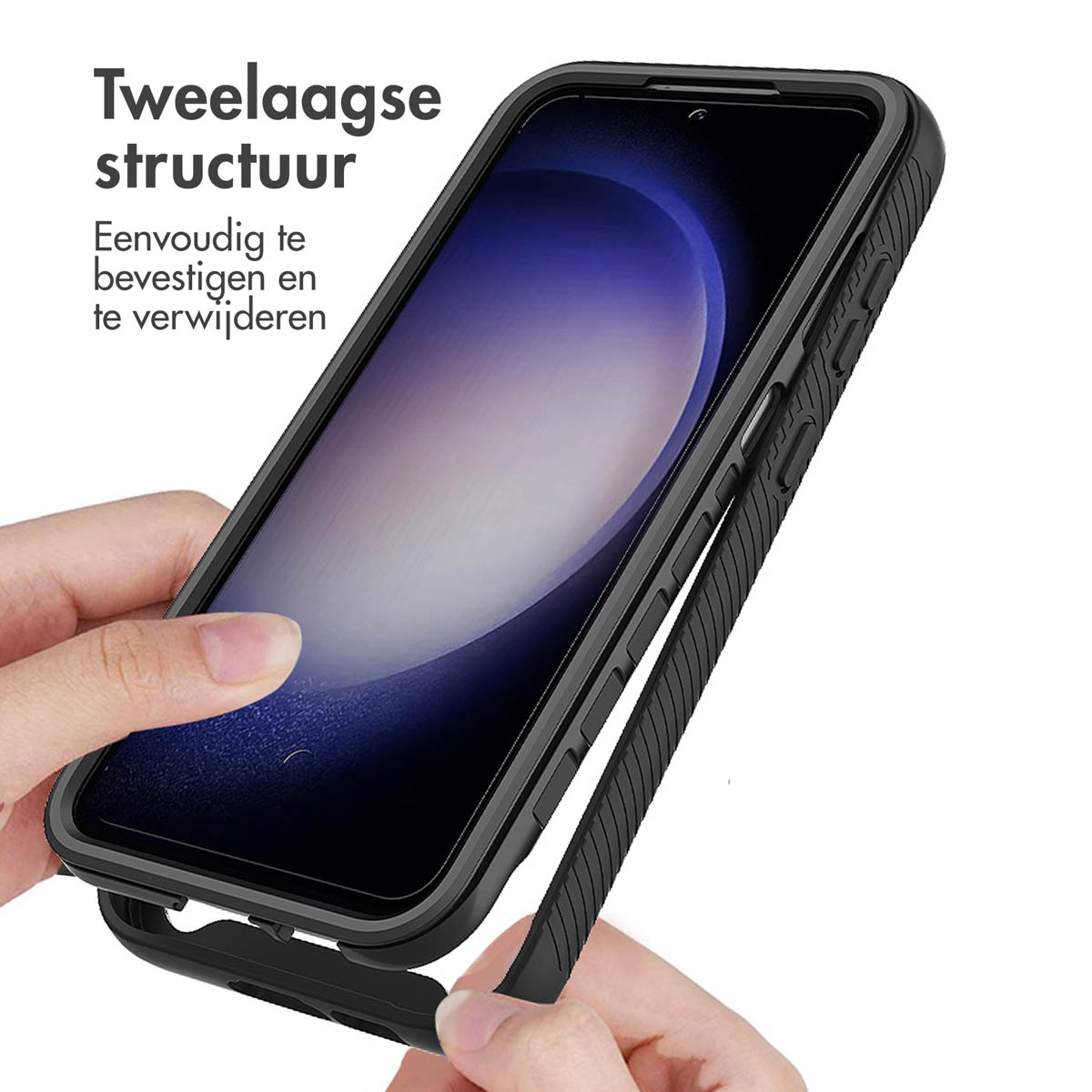 Zwarte telefoonhoes met een telefoon erin.