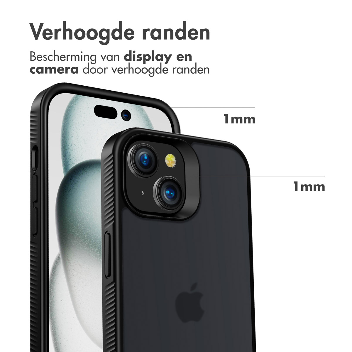 A black phone case with a phone inside. Text: raised edges, protecting display and camera.