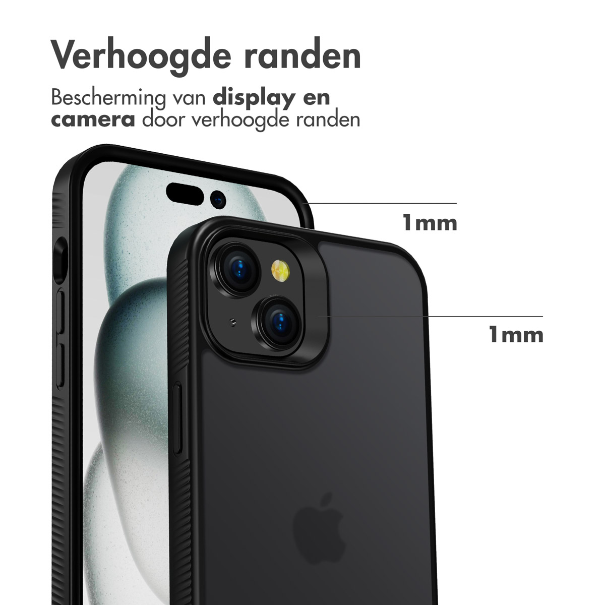Une coque de téléphone noire, montrant l'arrière du téléphone et les bords surélevés.