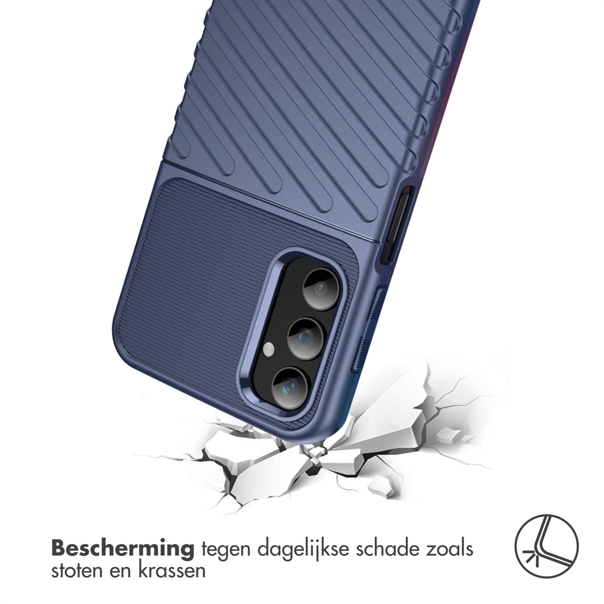 Blauwe telefoonhoes valt op een oppervlak en breekt. Toont valbescherming.