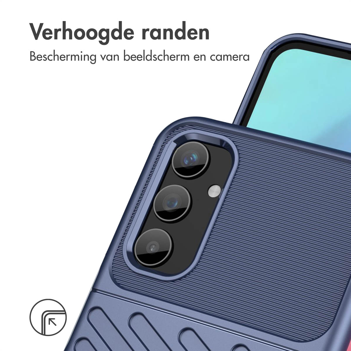 Telefoonhoesje, blauw van kleur. Toont de achterkant van de telefoon en de camera. Het hoesje heeft textuur.