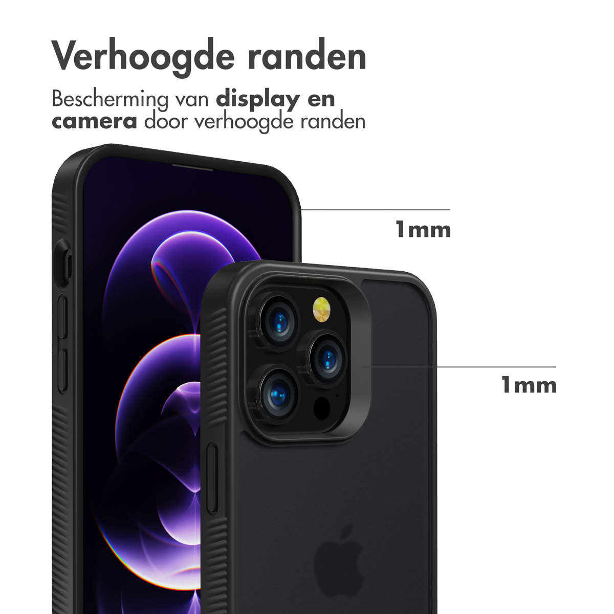 Coque de téléphone noire avec un téléphone. Montre les bords surélevés avec des mesures de 1 mm pour l'écran et la caméra.