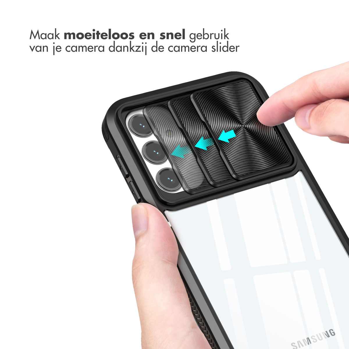 Hand hält Handyhülle mit Kameraabdeckung. Schwarze Hülle mit durchsichtigem Rücken, Samsung Logo.