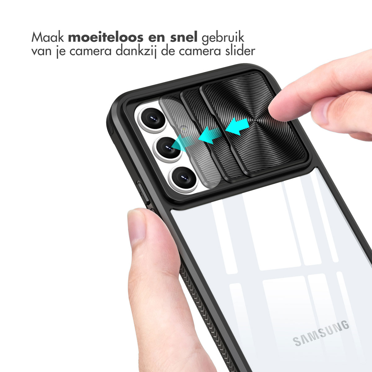 Persoon schuift cameraschuifregelaar. Transparante telefoonhoes en telefoon. Gemakkelijk gebruik van de schuif.
