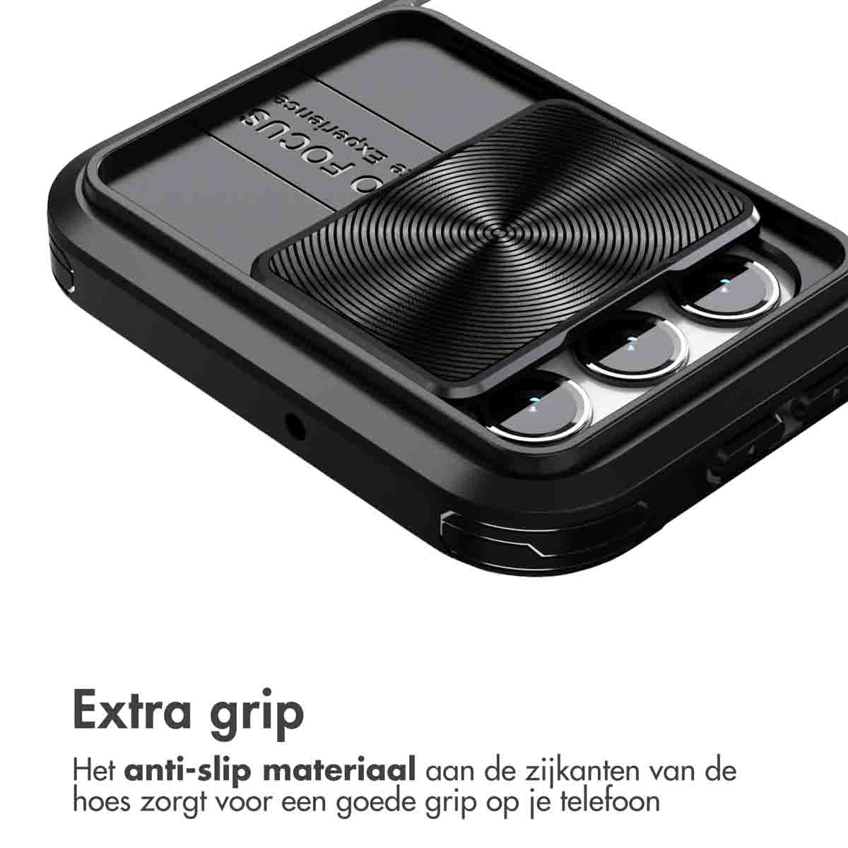 Schwarze Handyhülle mit Abdeckung. Der Text sagt „Extra Grip“. Text über rutschfestes Material an den Seiten für guten Halt.