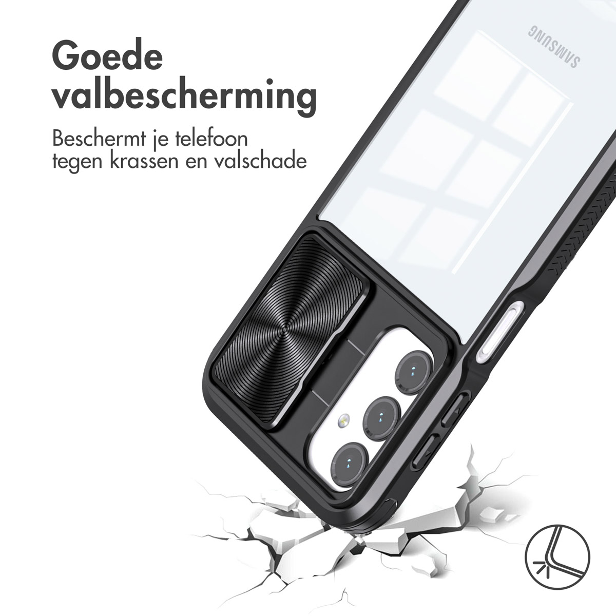Eine Handyhülle mit Telefon und zerbrochenem Boden. Text: 'Guter Fallschutz'.