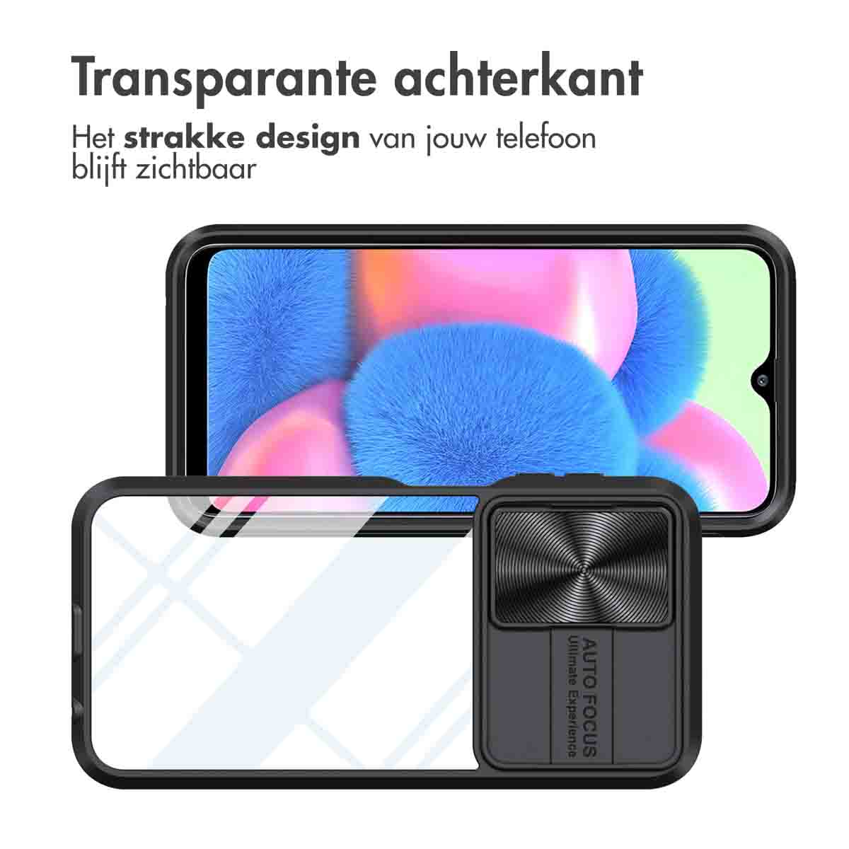 Handyhülle mit Telefon im Inneren und Kamerafunktion. Die Hülle hat eine transparente Rückseite und einen schwarzen Rahmen.