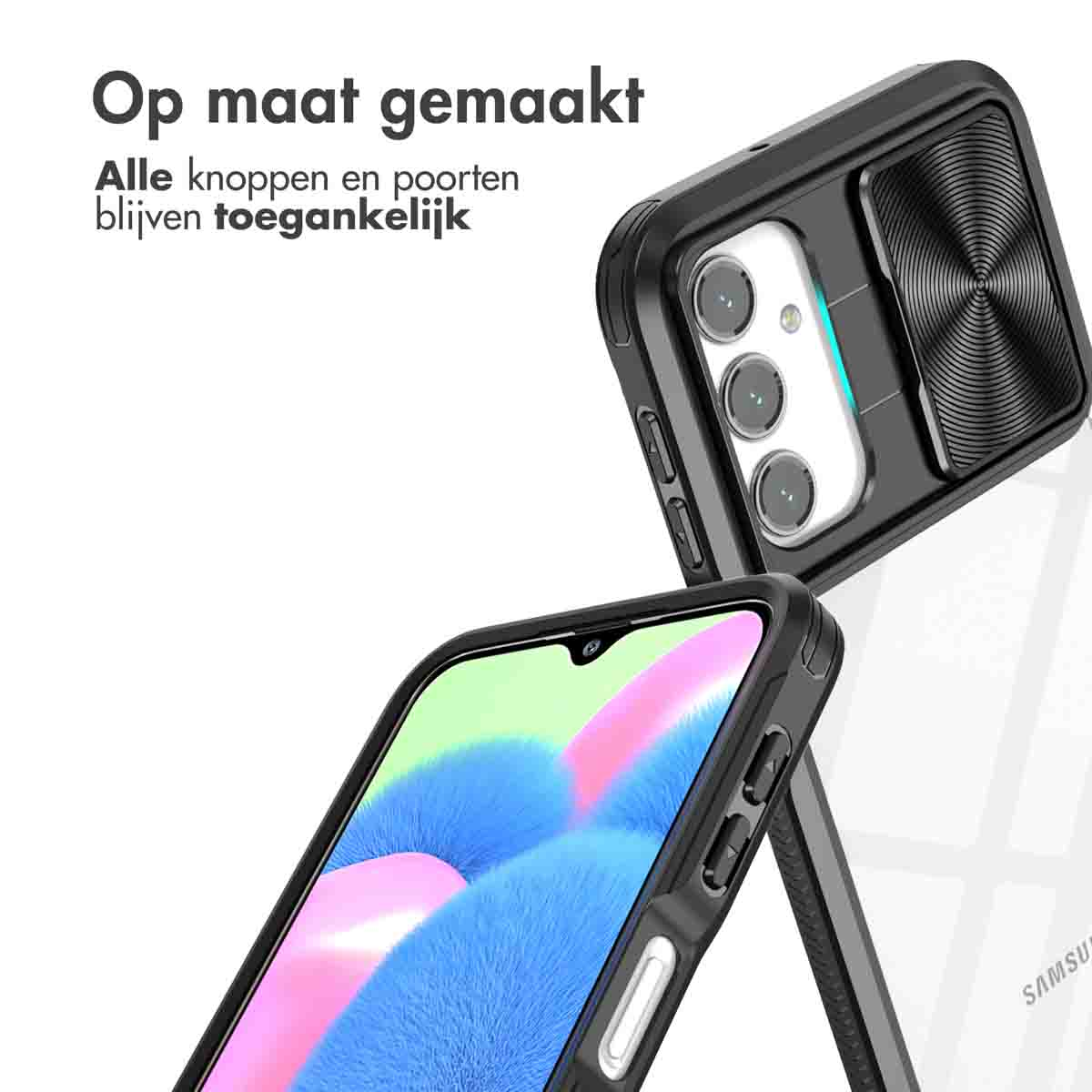 Eine Handyhülle mit Schiebe-Kameraabdeckung befindet sich auf dem Telefon, mit klarer Rückseite. Ein zweites Telefon im Vordergrund.