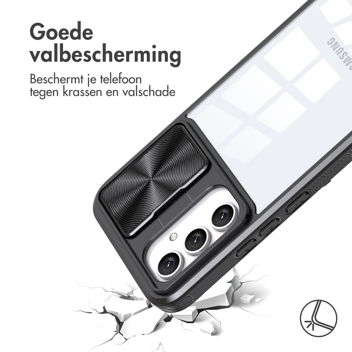 Telefoonhoesje met cameraschuif en doorzichtige achterkant. Zwarte hoes op witte achtergrond met barsteffect.