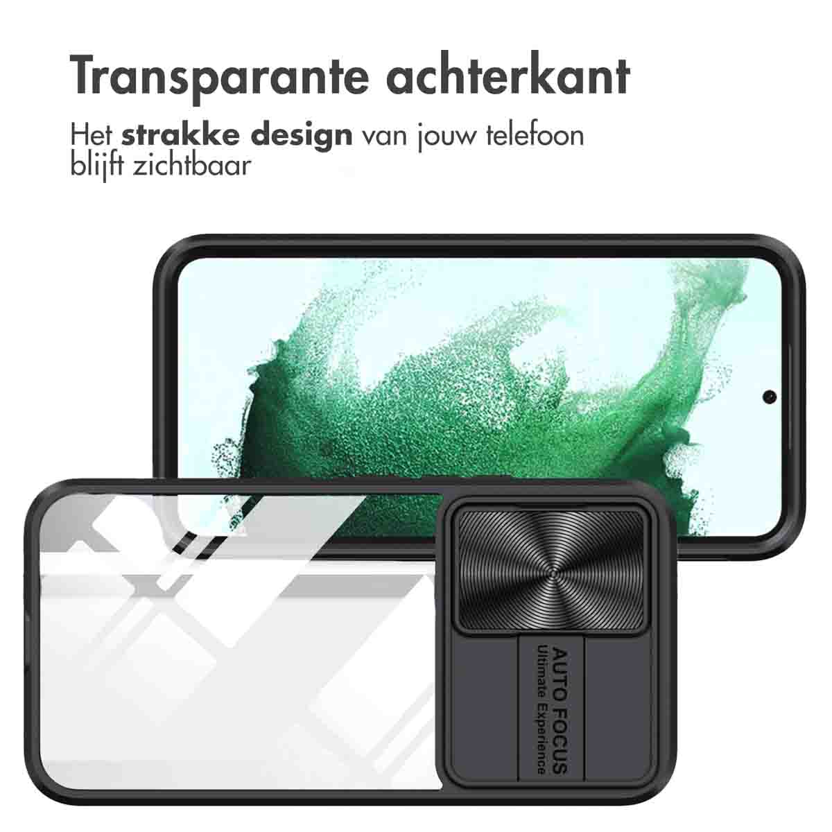Telefoonhoesje en telefoon. Hoesje: transparante achterkant, zwarte rand, cameracover. Telefoon: groene achtergrond, zwarte rand.