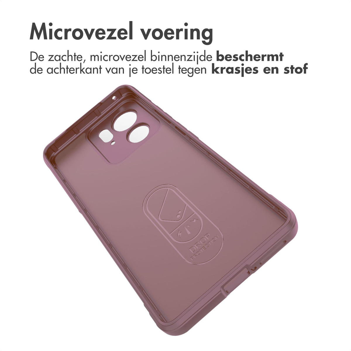 Intérieur d'une coque de téléphone rose, avec des trous pour la caméra et un logo de la marque.