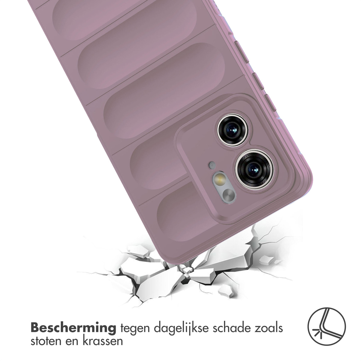 Gros plan d'une coque de téléphone violette sur une surface fissurée, montrant la résistance aux dommages.