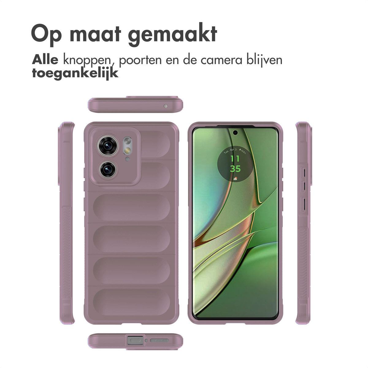 Une coque de téléphone violette, avec un téléphone à l'intérieur, et diverses parties de la coque affichées.