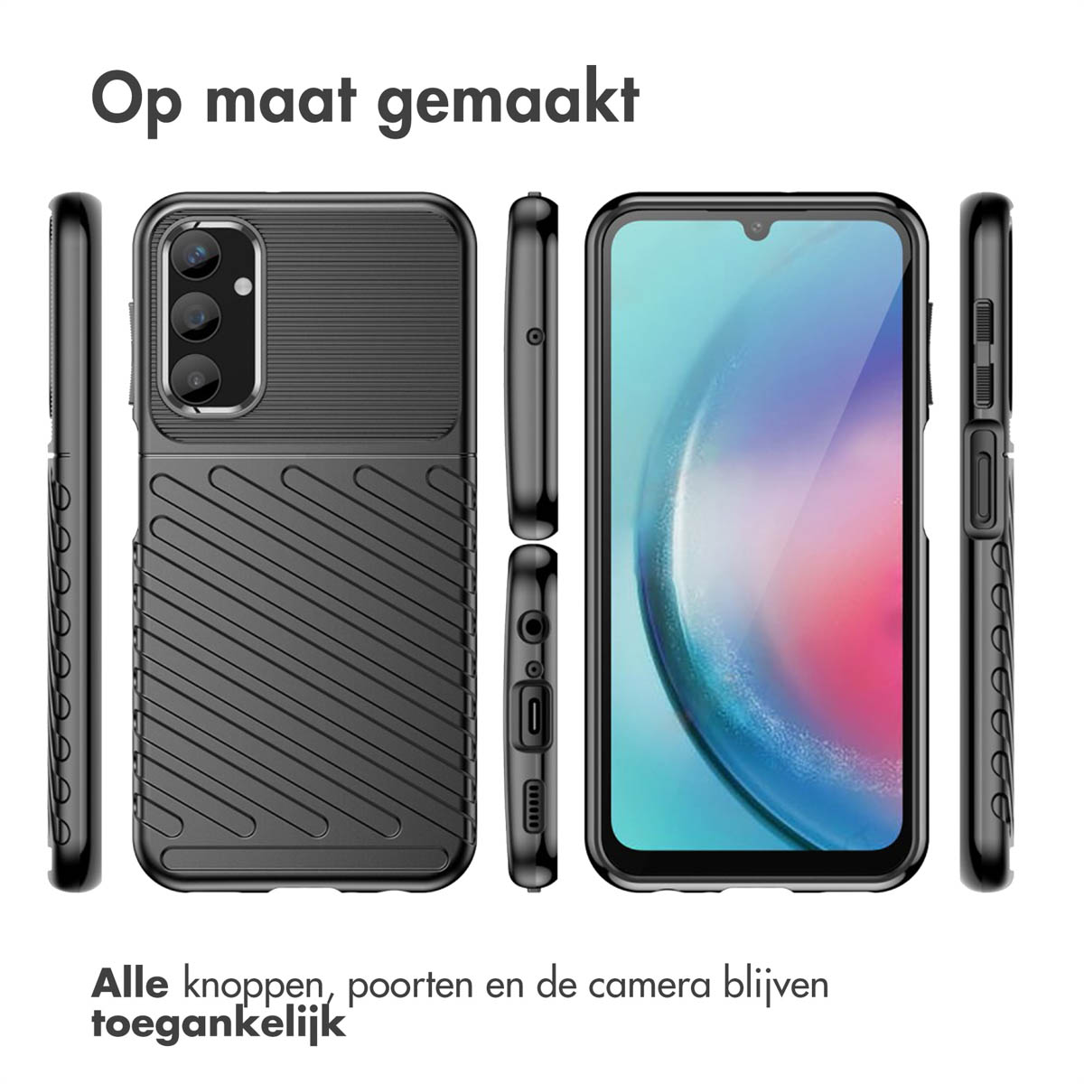 Zwarte telefoonhoes met telefoon in verschillende hoeken.